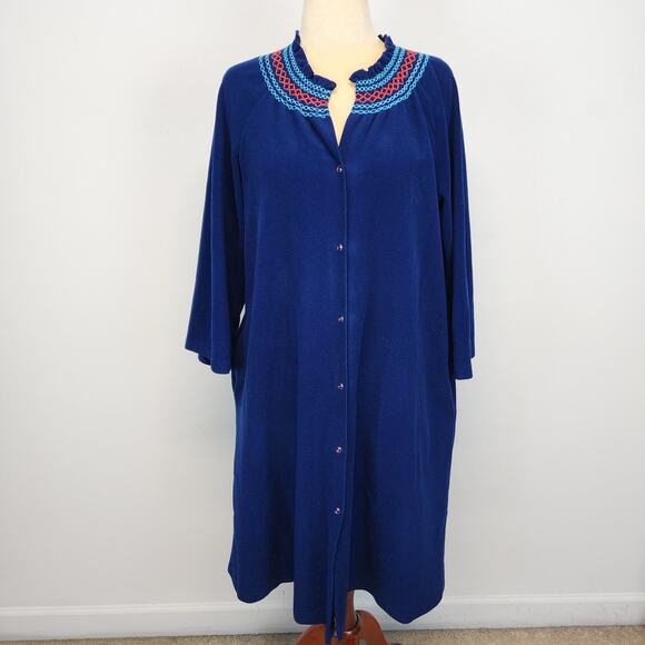 Vintage Vanity Fair Velour Housecoat Robe Size M Blue Button Up Long Sleeve - Picture 1 of 13